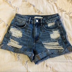 distressed denim mom shorts